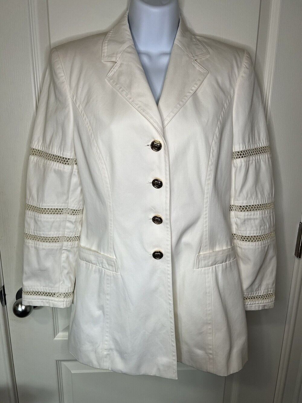 ESCADA Margaretha Ley Womens Vintage Blazer Cream Cotton Gold Buttons EU 36 US 4